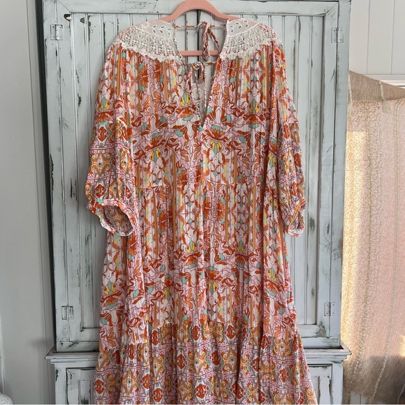EC Anthropologie Florence Floral Lace Lounge Dress sz L large orange pink white - Picture 11 of 14